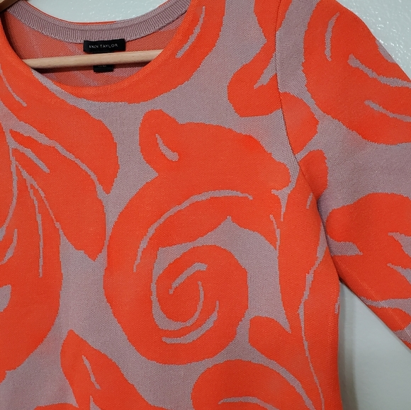 Ann Taylor Paisley Fan Leaf Shift Sweater Orange Red Dress - Picture 4 of 6